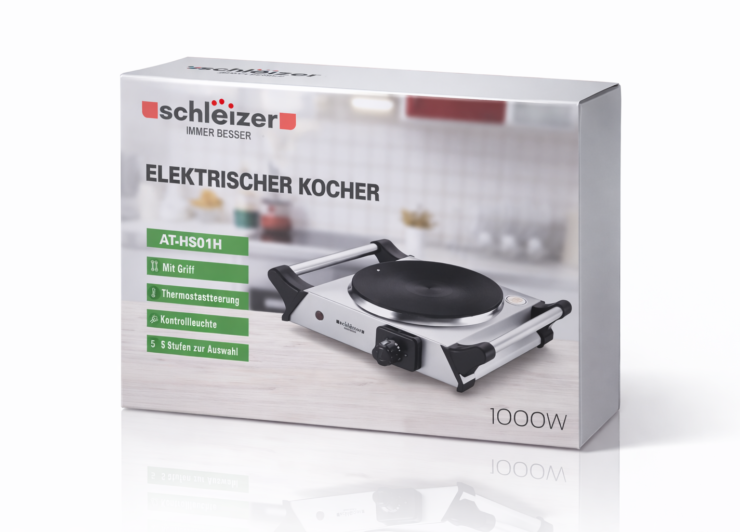 Réchaud Électrique Schleizer- Plaque de Cuisson Inox 1000W avec Thermostat & Poignée